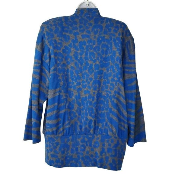 Vintage 80s Oversized Cardigan Sweater Sz M Animal Zebra Leopard Gray Blue - Picture 2 of 3